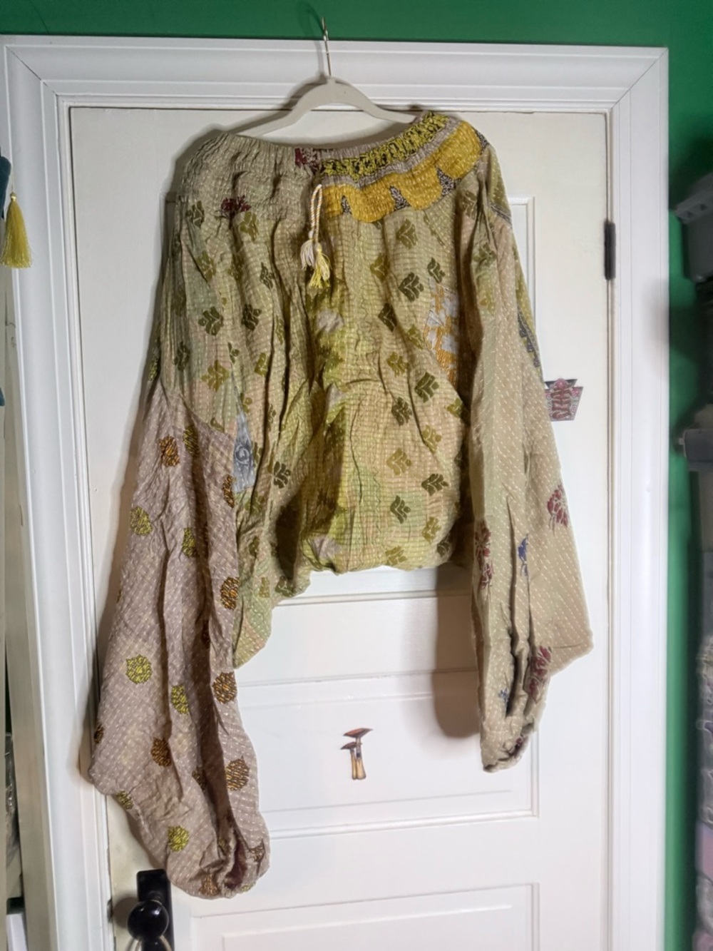 Kantha Bae Boho Patchwork Kantha Drop Crotch Joggers in Cream and Yellow